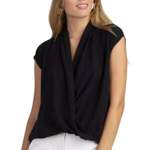 Trina Turk Black Surplice French Tuck Short Sleeve Concourse Blouse Size Large
